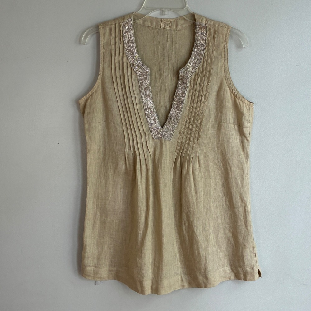 120% Lino Linen Tunic Top Pleated Women Small 40 Tan Beaded Italy Quiet Luxury